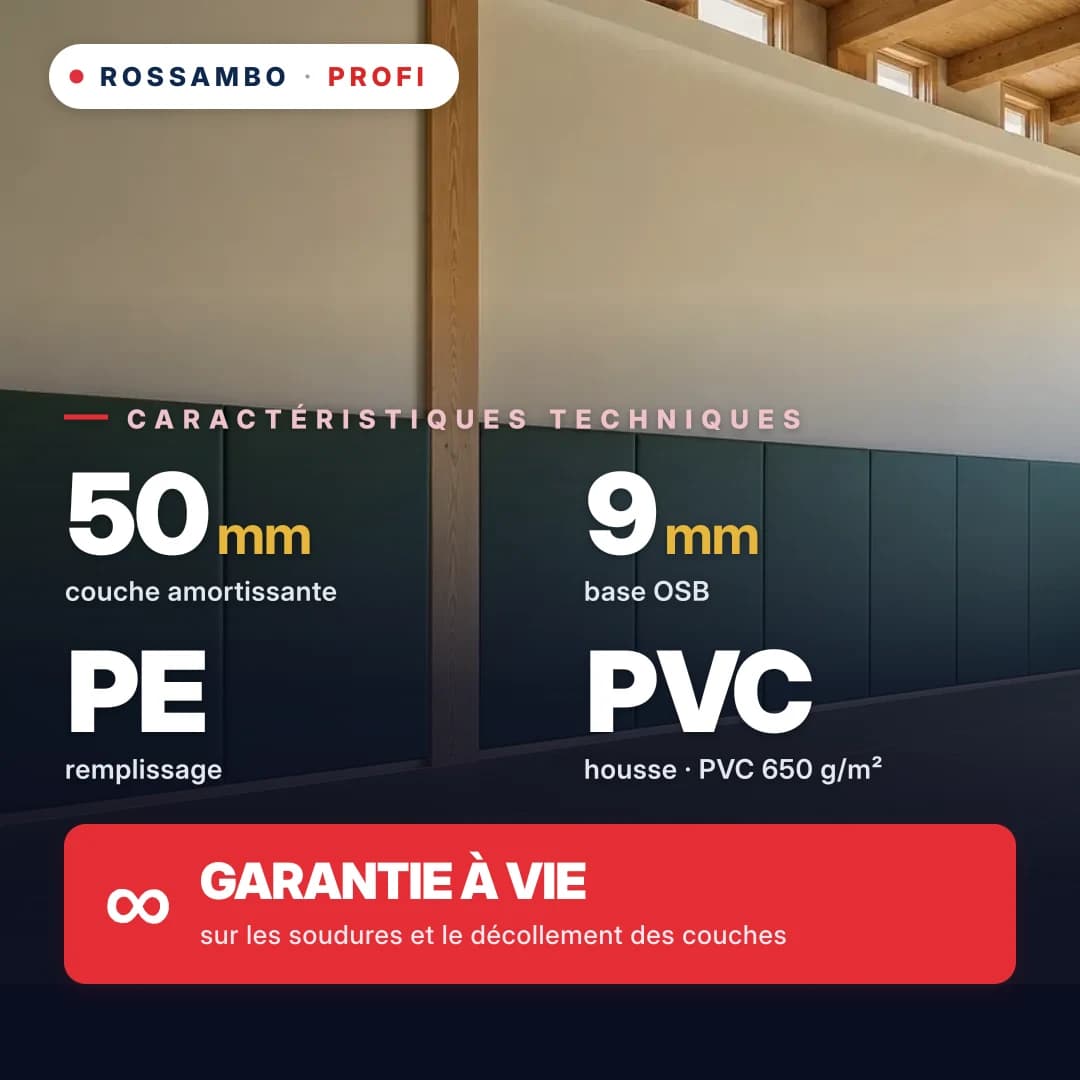 Protection murale PROFI perforée, OSB 9 mm + tapis en mousse PE + toile PVC 650 g/m², 50 mm