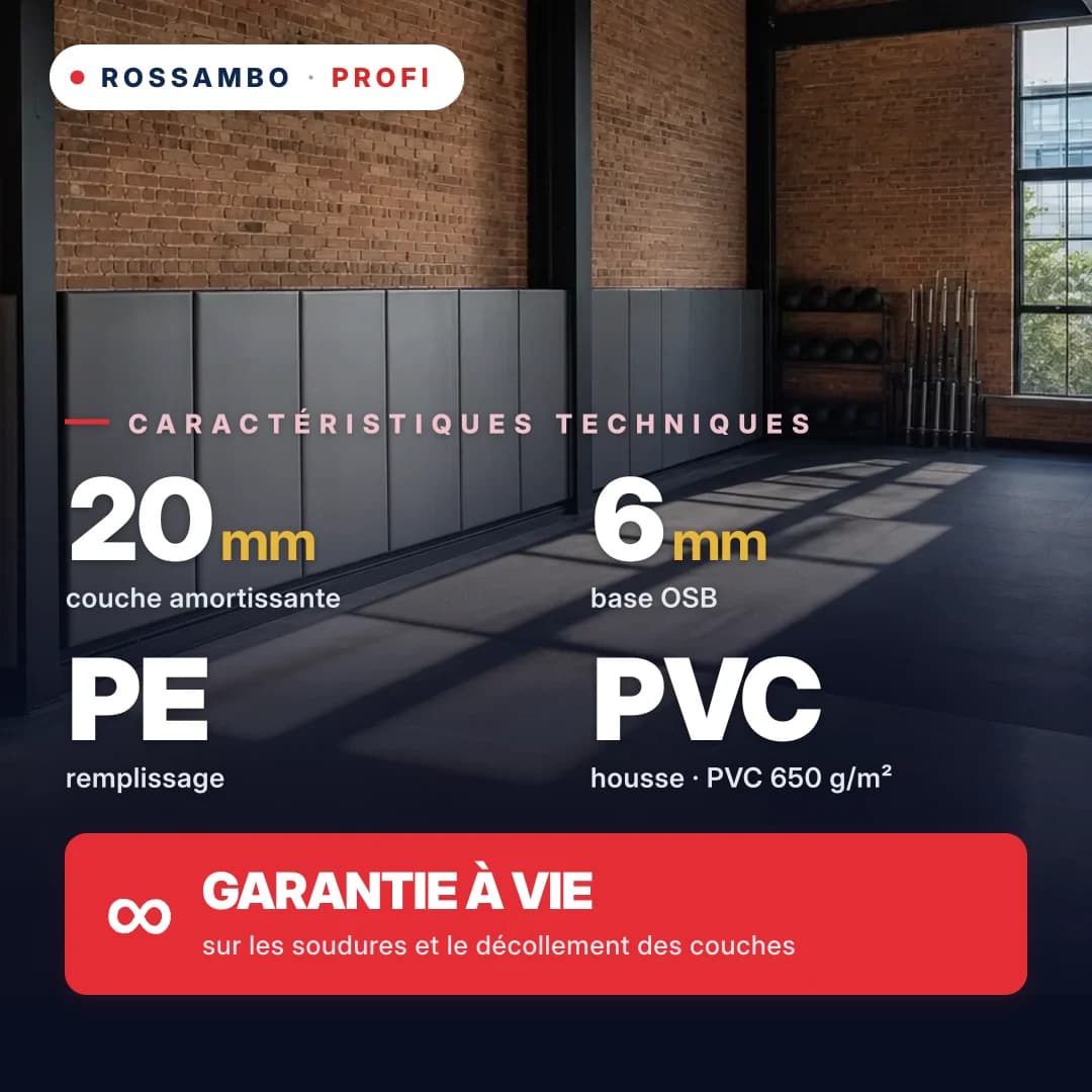 Protection murale PROFI, OSB 6 mm + tapis en mousse PE + bâche PVC 650 g/m², 20 mm