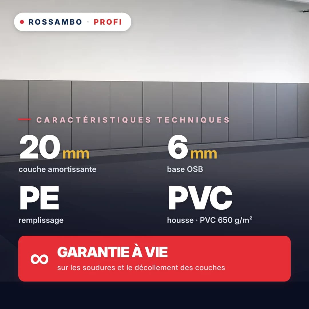 Protection murale PROFI perforée, OSB 6 mm + tapis en mousse PE + bâche PVC 650 g/m², 20 mm
