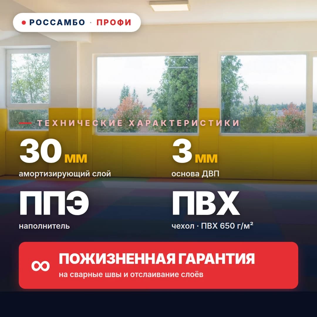 Стеновой протектор ПРОФИ на ДВП, ДВП 3 мм + мат ППЭ старт + ПВХ ткань 650 г/м², 30 мм