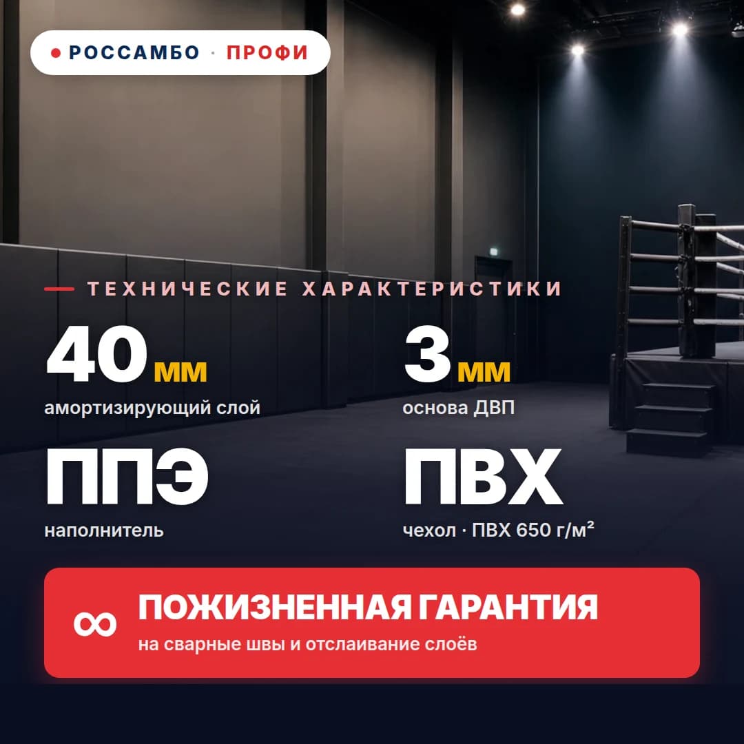 Стеновой протектор ПРОФИ на ДВП, ДВП 3 мм + мат ППЭ старт + ПВХ ткань 650 г/м², 40 мм