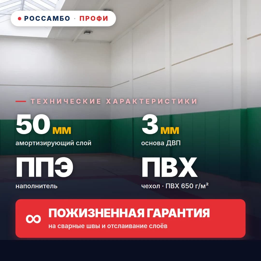 Стеновой протектор ПРОФИ на ДВП, ДВП 3 мм + мат ППЭ старт + ПВХ ткань 650 г/м², 50 мм
