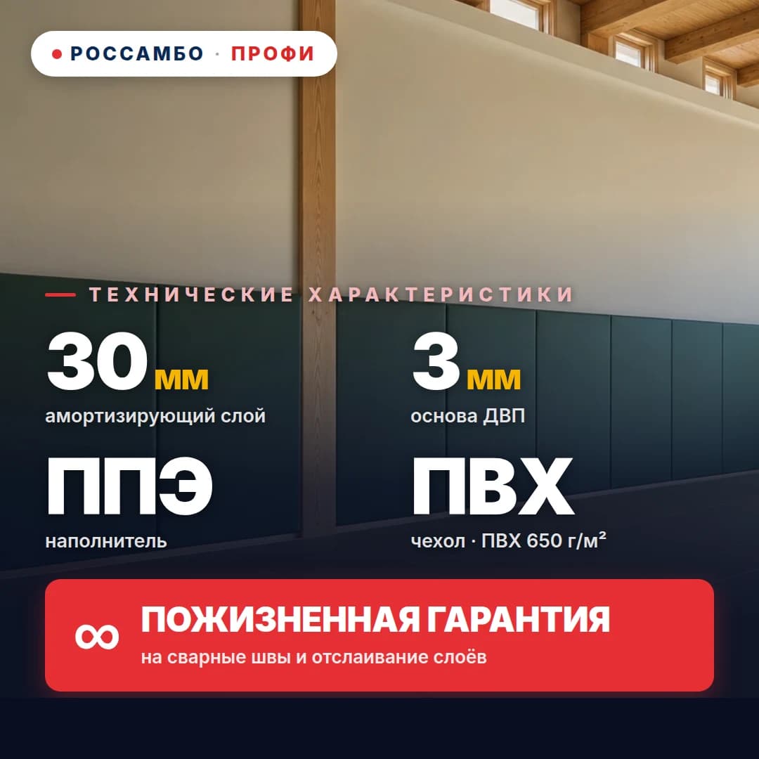 Стеновой протектор ПРОФИ на ДВП готовое решение, ДВП 3 мм + мат ППЭ старт + ПВХ ткань 650 г/м², 30 мм