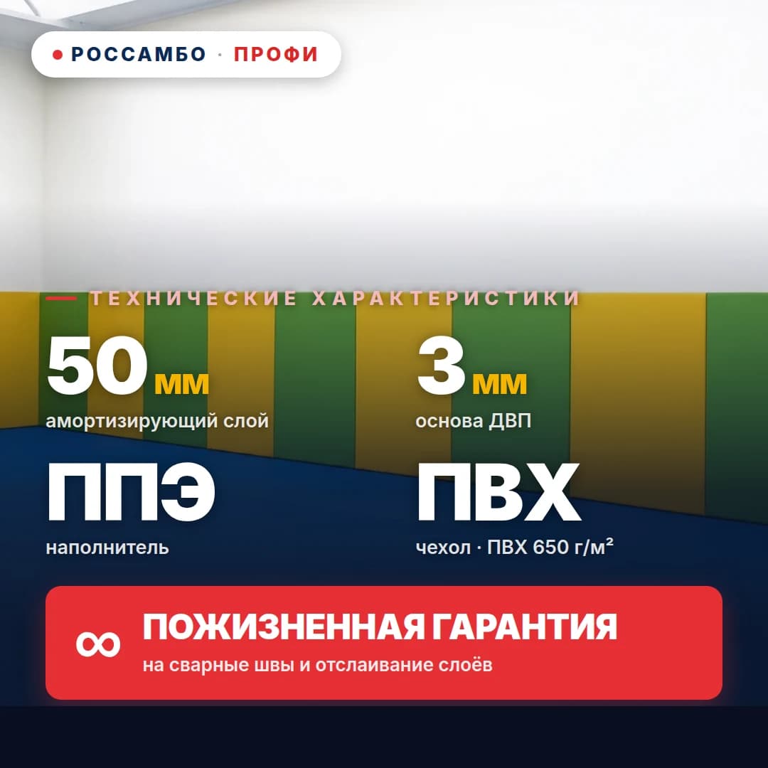 Стеновой протектор ПРОФИ на ДВП готовое решение, ДВП 3 мм + мат ППЭ старт + ПВХ ткань 650 г/м², 50 мм