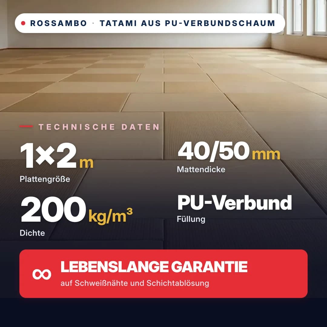 Tatami aus PU-Verbundschaum, offener Boden, 200 kg/m³, 1×2 m