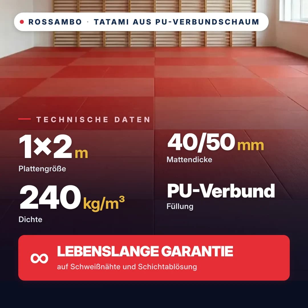 Tatami aus PU-Verbundschaum mit Baumwollboden, 240 kg/m³, 1×2 m