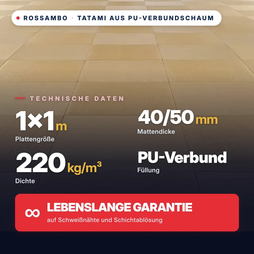 Tatami aus PU-Verbundschaum, anti-slip Raute, 220 kg/m³, 1×1 m
