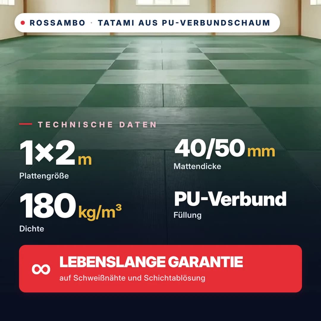 Tatami aus PU-Verbundschaum, anti-slip Raute, 180 kg/m³, 1×2 m