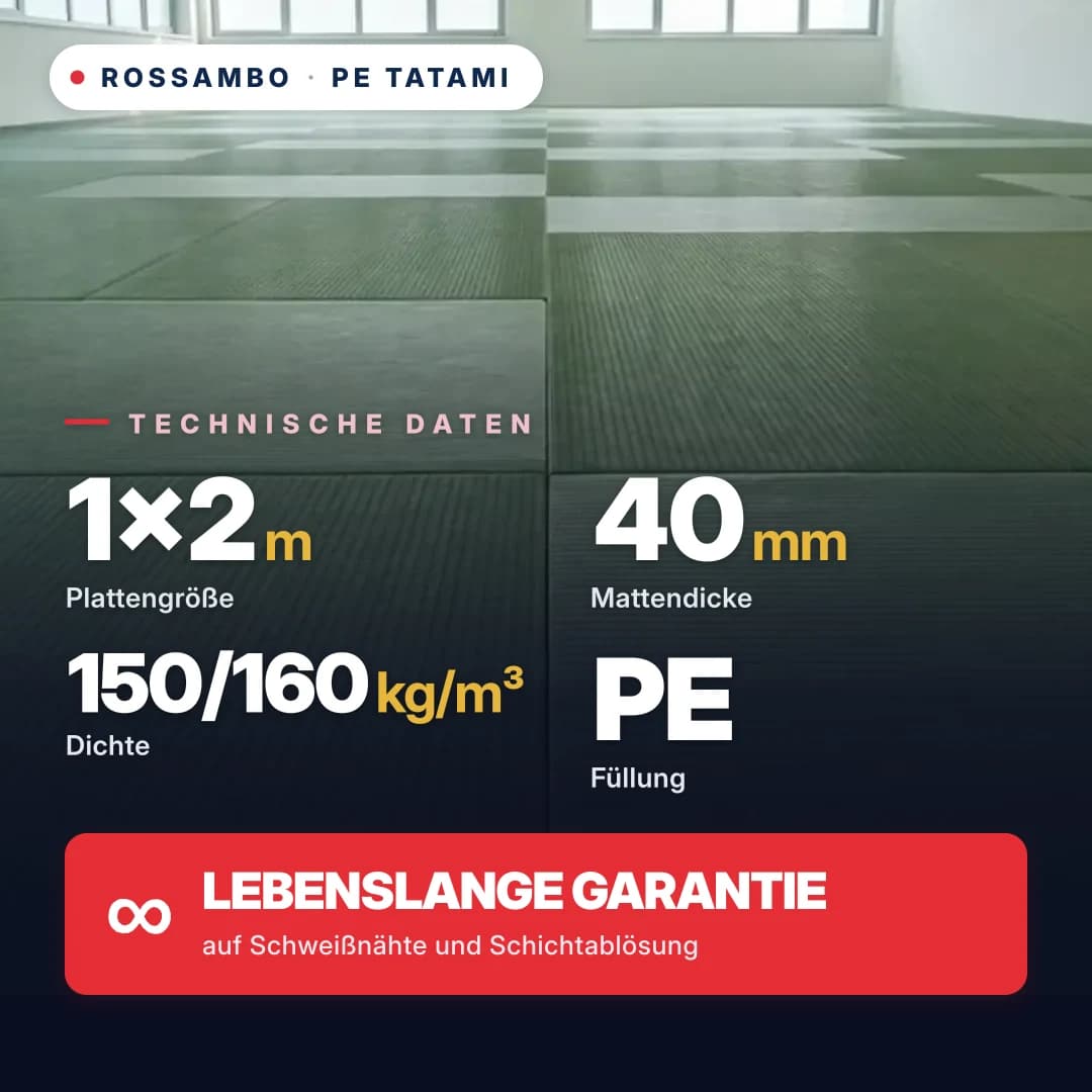 Tatami aus PE-Schaum, geschichtet 40 mm (5+30+5), Dichte 150/160 kg/m³, 1×2 m