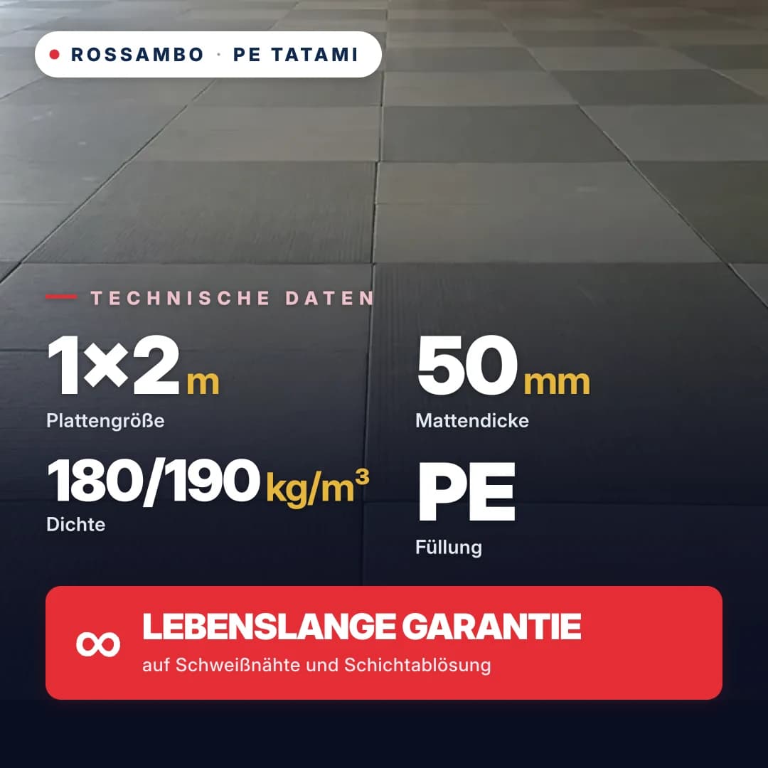 Tatami aus PE-Schaum, geschichtet 50 mm (10+30+10), Dichte 180/190 kg/m³, 1×2 m