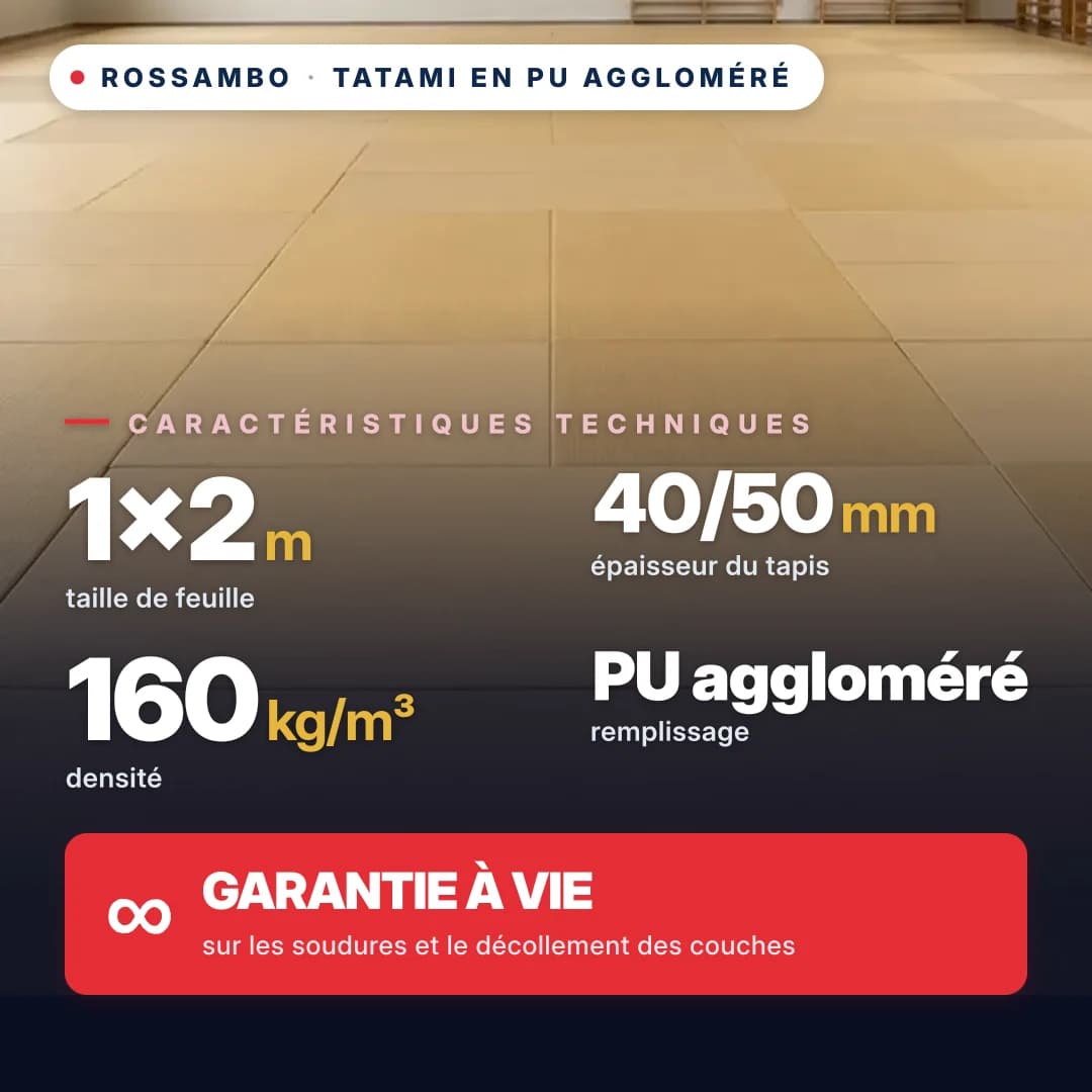 Tatami en mousse PU agglomérée, fond coton, 160 kg/m³, 1×2 m