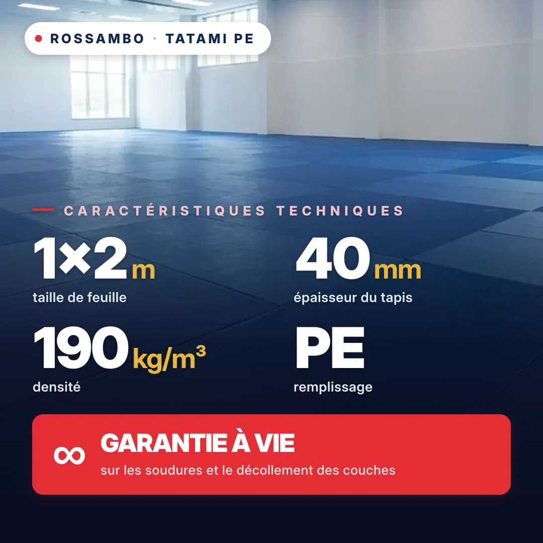 Tatami en mousse PE monobloc 40 mm, densité 190 kg/m³, 1×2 m