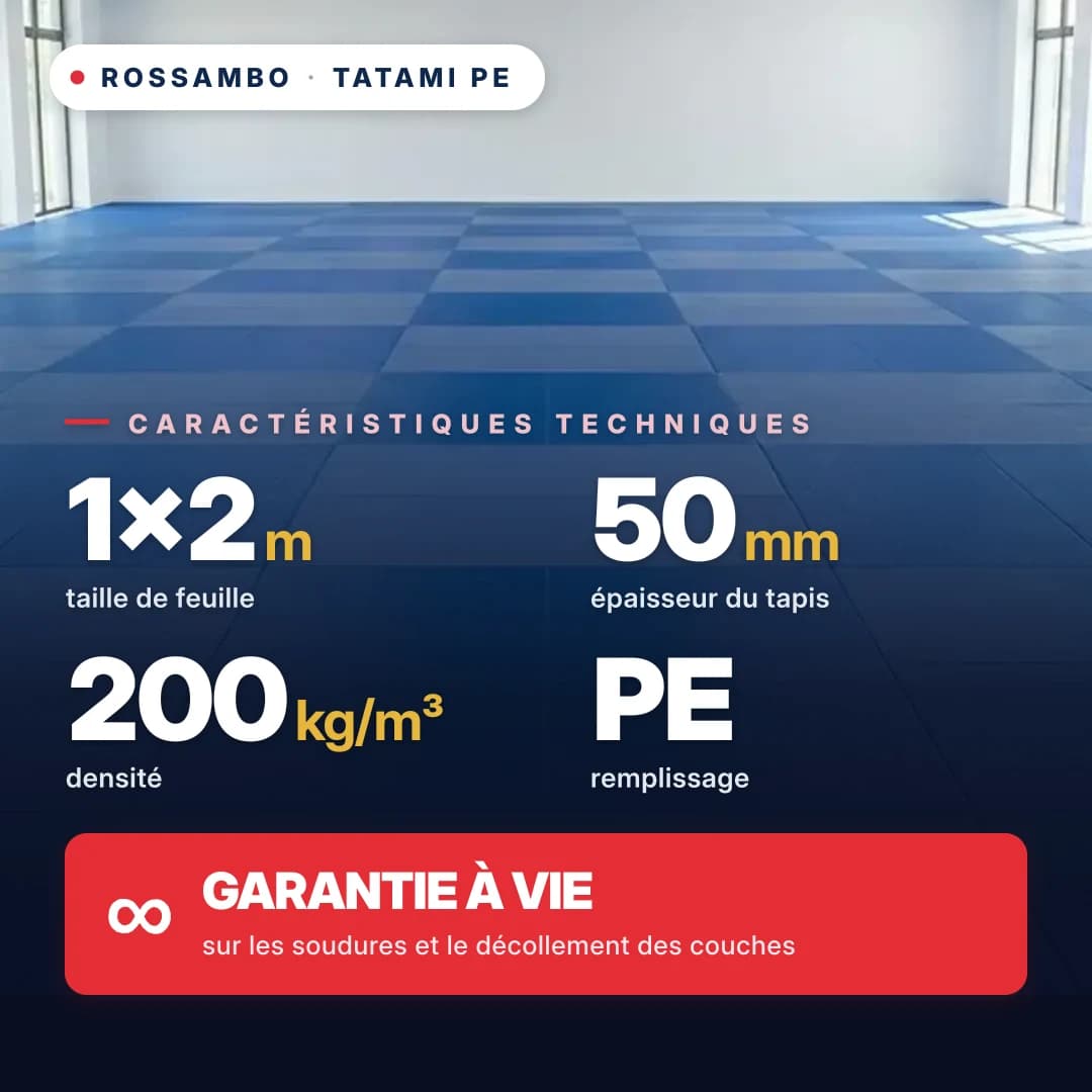 Tatami en mousse PE monobloc 50 mm, densité 200 kg/m³, 1×2 m