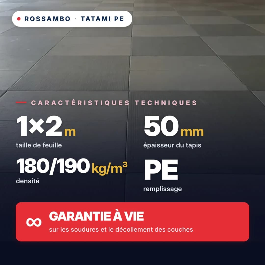 Tatami en mousse PE multicouche 50 mm (10+30+10), densité 180/190 kg/m³, 1×2 m