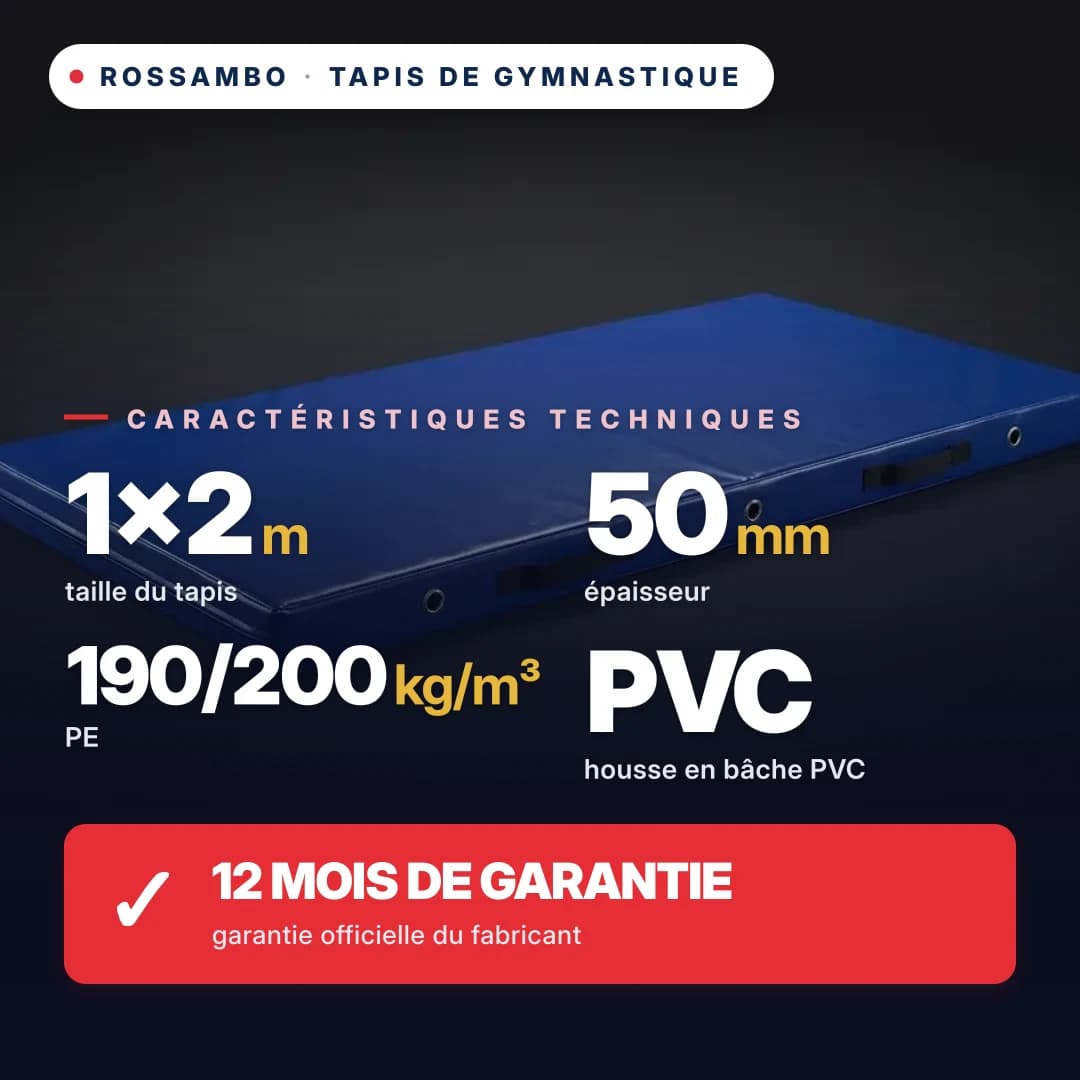 Tapis-tatami de gymnastique pro mousse PE 190/200, housse PVC, 1×2×0,05 m