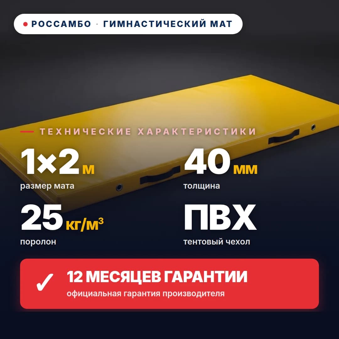 Гимнастический мат поролон 25 кг/м³, чехол ПВХ, 1×2×0,04 м