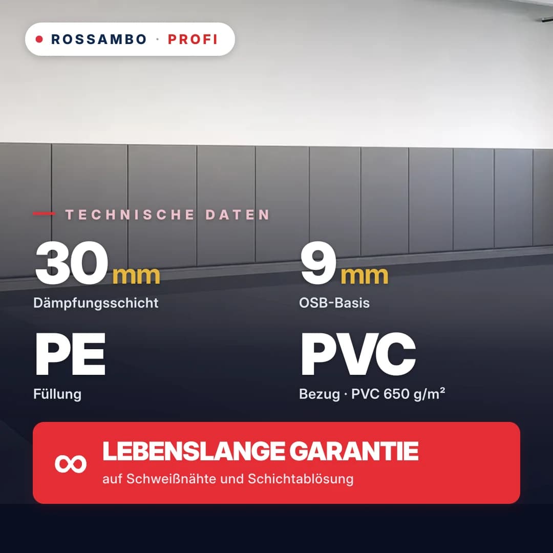 Wandschutzpolster PROFI, fertige Lösung, OSB 9 mm + PE-Schaum-Matte + PVC-Gewebe 650 g/m², 30 mm
