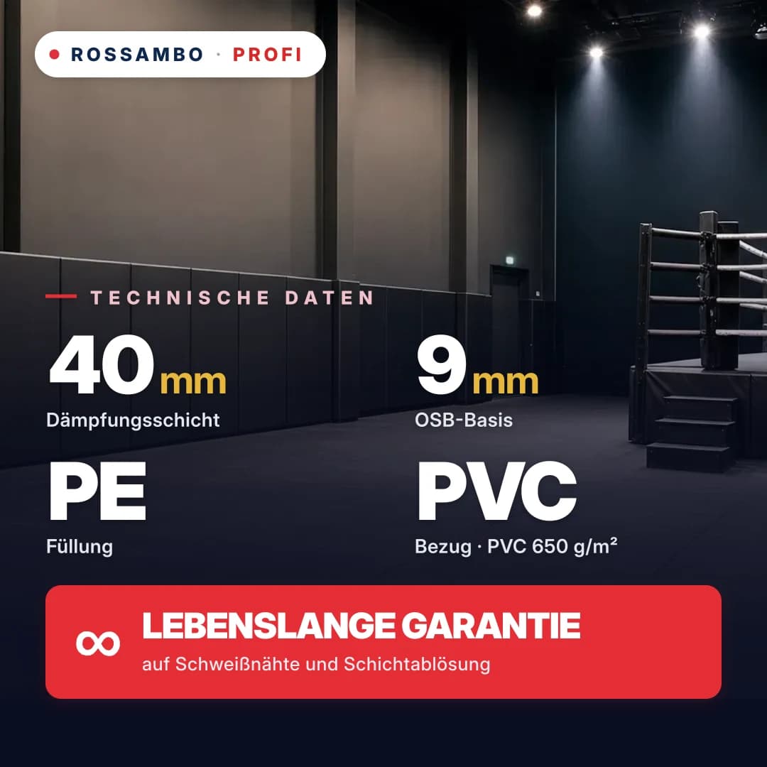 Wandschutzpolster PROFI, fertige Lösung, OSB 9 mm + PE-Schaum-Matte + PVC-Gewebe 650 g/m², 40 mm
