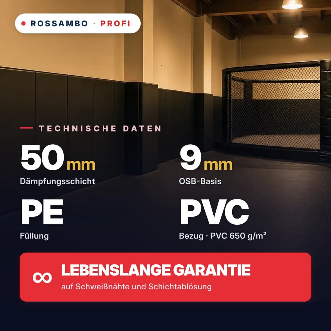 Wandschutzpolster PROFI, fertige Lösung, OSB 9 mm + PE-Schaum-Matte + PVC-Gewebe 650 g/m², 50 mm