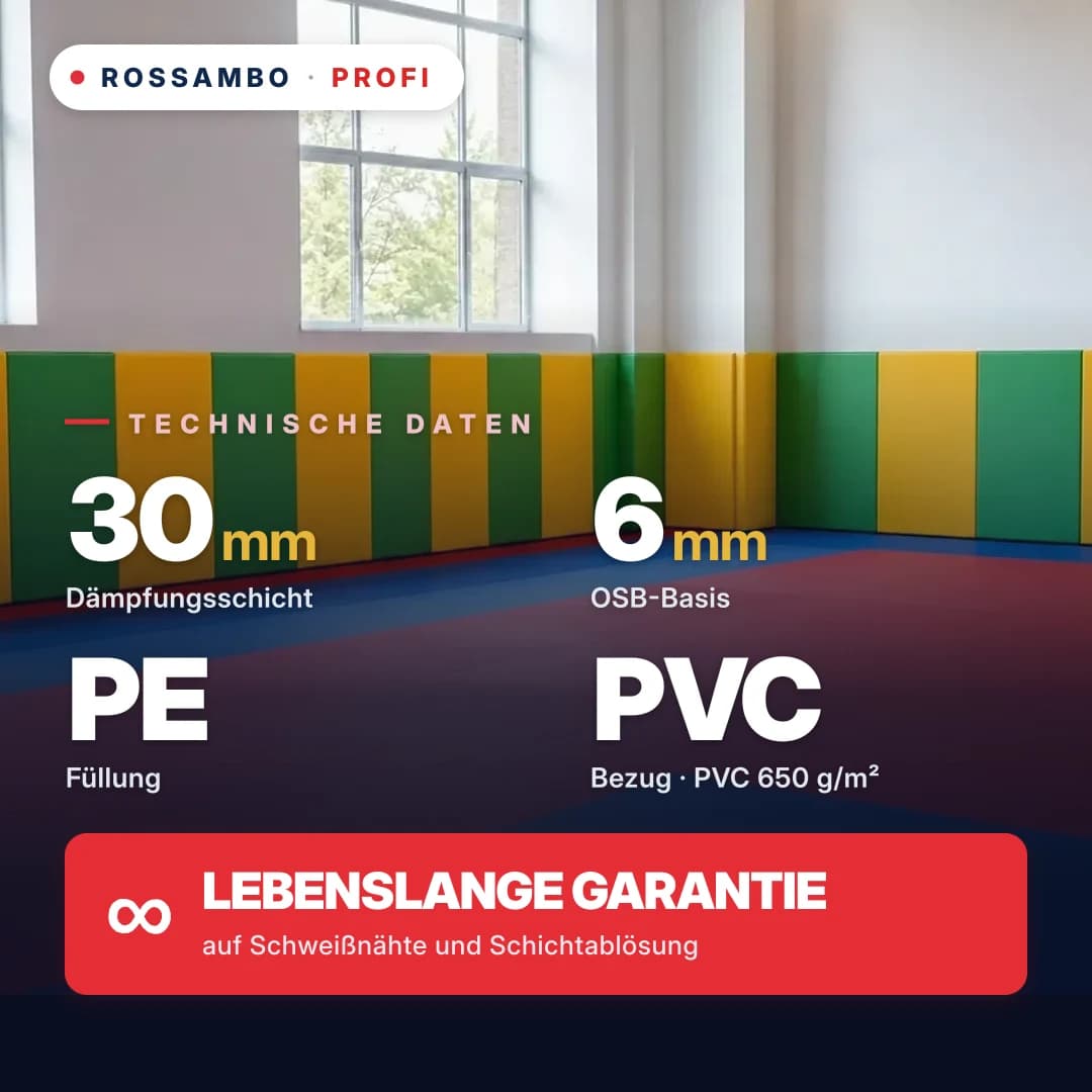 Wandschutzpolster PROFI, fertige Lösung, OSB 6 mm + PE-Schaum-Matte + PVC-Gewebe 650 g/m², 30 mm