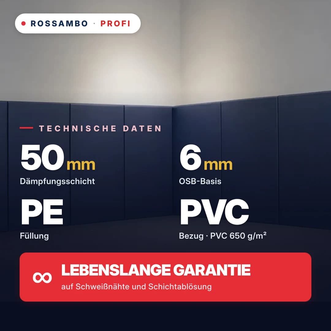 Wandschutzpolster PROFI, fertige Lösung, OSB 6 mm + PE-Schaum-Matte + PVC-Gewebe 650 g/m², 50 mm
