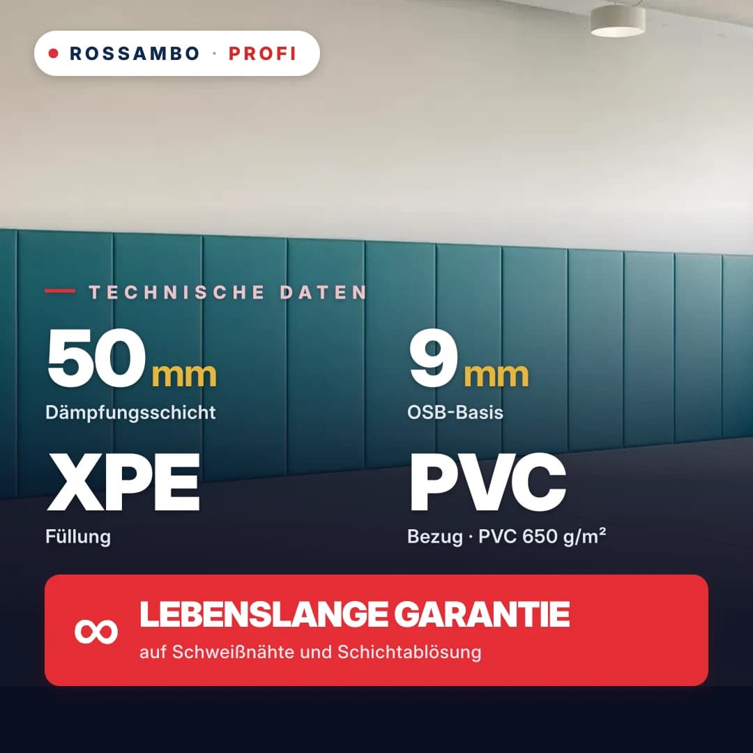 Wandschutzpolster PROFI, OSB 9 mm + chemisch vernetzter PE-Schaum 33 kg/m³ + PVC-Gewebe, 50 mm