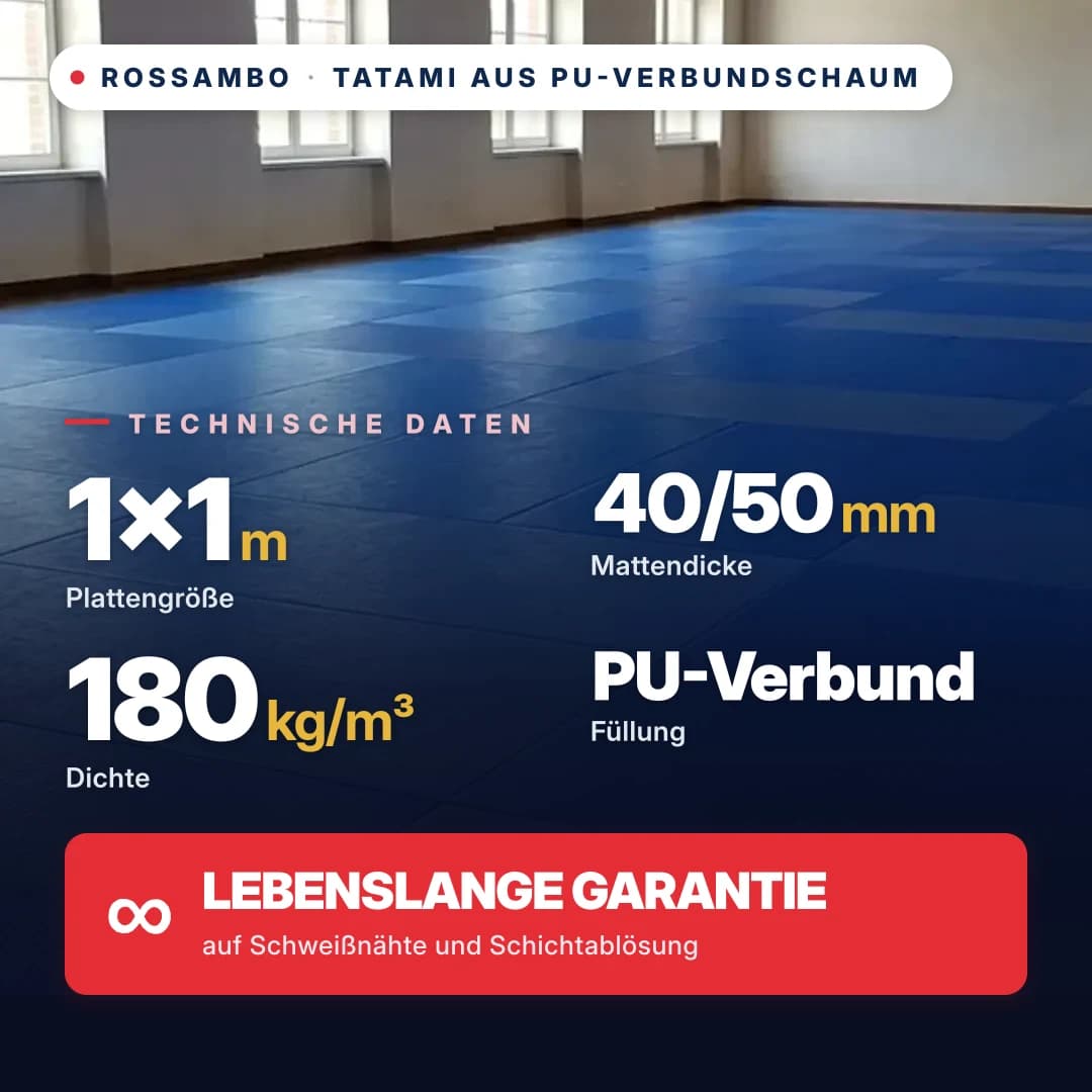 Tatami aus PU-Verbundschaum, offener Boden, 180 kg/m³, 1×1 m