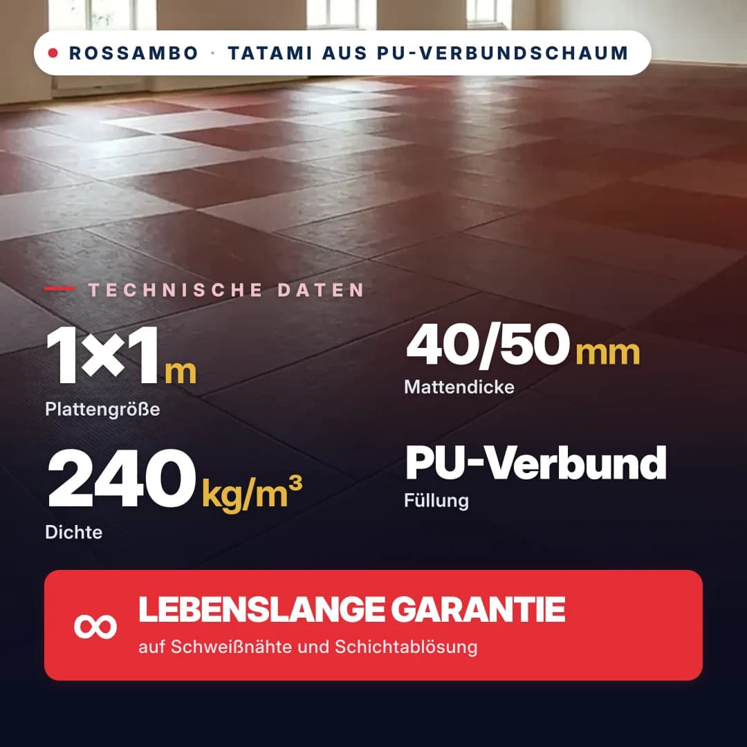 Tatami aus PU-Verbundschaum, offener Boden, 240 kg/m³, 1×1 m