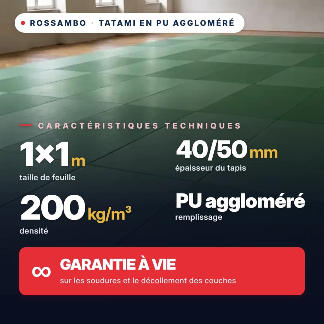Tatami en mousse PU agglomérée, fond ouvert, 200 kg/m³, 1×1 m
