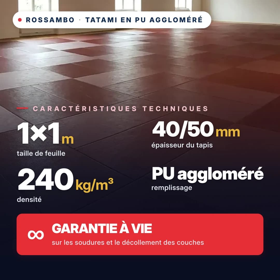 Tatami en mousse PU agglomérée, fond ouvert, 240 kg/m³, 1×1 m