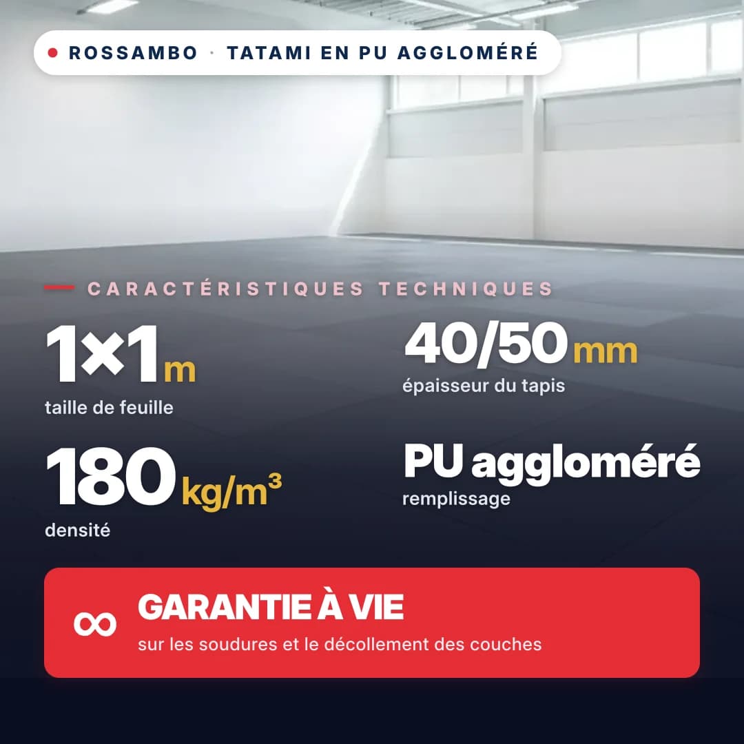 Tatami en mousse PU agglomérée, fond coton, 180 kg/m³, 1×1 m