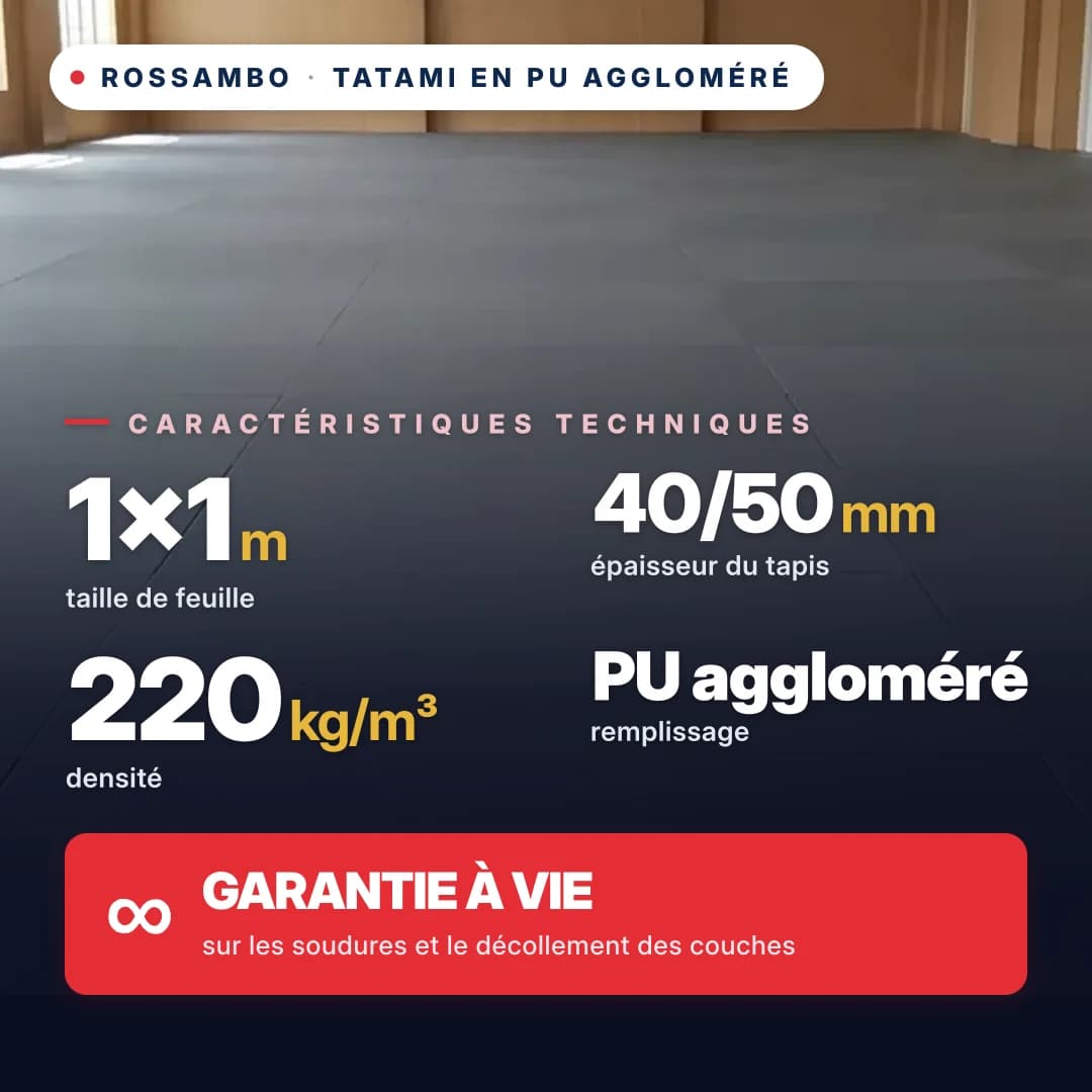 Tatami en mousse PU agglomérée, fond coton, 220 kg/m³, 1×1 m